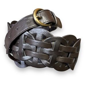 Brown Wide Woven Belt Circle Sun Cross Pattern Antique Gold Tone Buckle Size M/L
